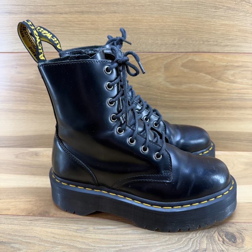 Dr. Martens Black Leather Platform Combat Boots with Yellow Stitching